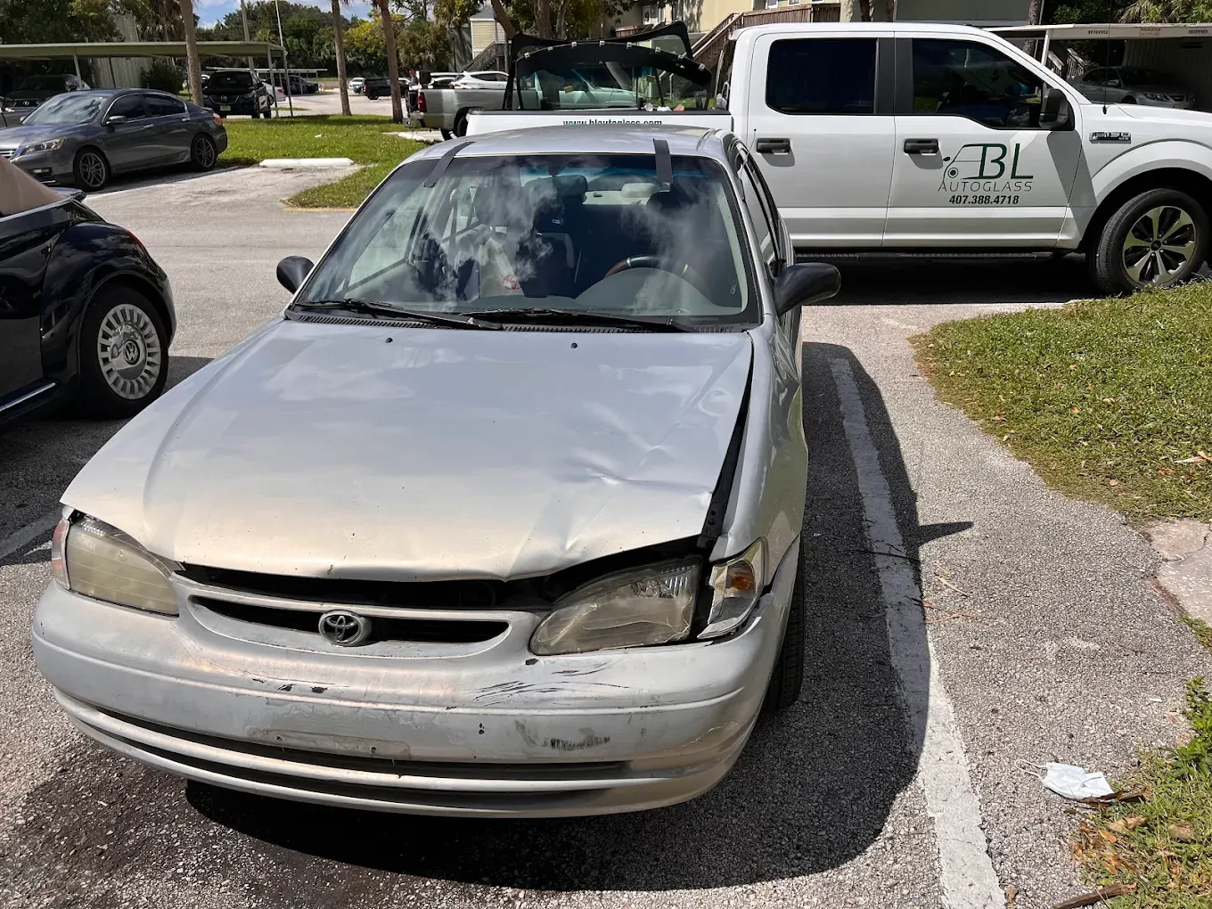 Smashed windshield before repair